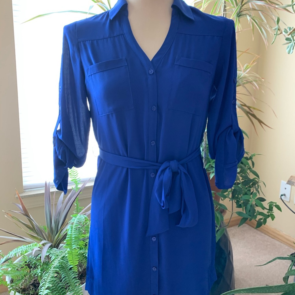 Express royal blue sheer dress with belt